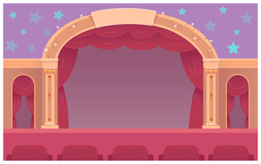Puppet theater stage with red curtains, empty vintage stage for theatrical concert show