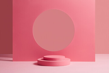 Pink podium on pink color background for product. Minimal concept. Minimal scene with podium and abstract background. Pastel pink for scene.