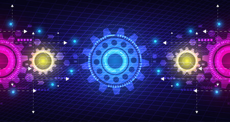 Gear wheel pattern on powder circuit, electronic light line on background.EP-23
