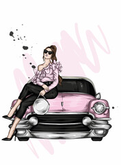Obraz na płótnie Canvas Beautiful girl in stylish clothes and a retro car. Fashion & Style.