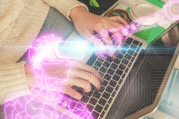 Double exposure of woman hands typing on computer and man in AR glasses drawing. Education concept.