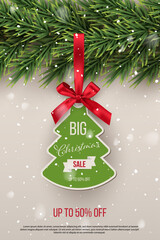 Big Christmas sale vector tag template. Xmas discount advertising campaign. New year tree toy with ribbon realistic illustration. Special offer concept. Shopping low prices label design element.