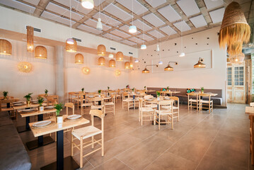 empty rustic design restaurant with wooden furniture