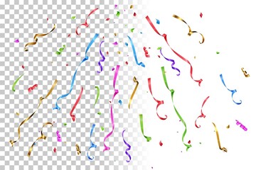 Different color serpentine confetti at party on transparent background. Yellow, red, green and blue burst of lines in vector illustration. Bright wallpaper design. Christmas or holiday card elements