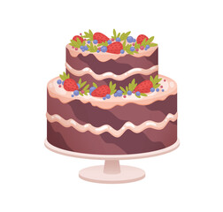 Chocolate sponge cake on plate for birthday or wedding anniversary party. Layered sweet dessert decorated with cream and berries, strawberries. Flat vector illustration isolated on white background