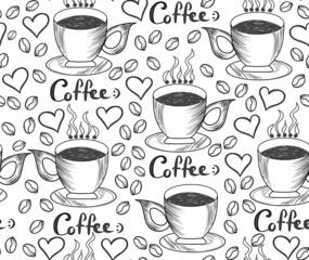 Food and drink decorative vector seamless pattern with hand drawn coffee cups, words "Coffee" and beans