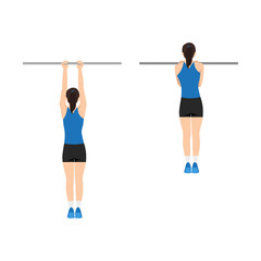 Fototapeta na wymiar Woman doing chin-ups workout. Fitness and bodybuilding exercise in the gym. Healthy and active lifestyle. Isolated vector illustration in cartoon style