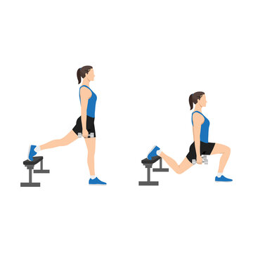 Woman doing Bulgarian split squats exercise. Flat vector illustration isolated on white background