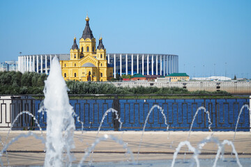 Nizhny Novgorod, Russia, 08.28.2021. View of the temple of Alexander Nevsky in Nizhny Novgorod and...