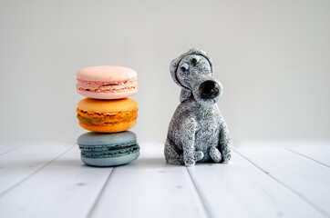 cute funny toy dog looks at delicious sweet macaroons lying nearby. Concept: diet, avoiding sweets,...