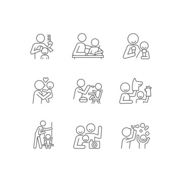 Bonding activity linear icons set. Braiding pigtails. Help with homework. Kissing child. Family photo. Customizable thin line contour symbols. Isolated vector outline illustrations. Editable stroke