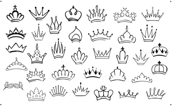set of hand drawn doodle various outlined silhouette crowns, vector illustration graphic collection