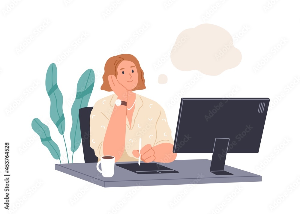 Poster happy person dreaming at work. creative woman thinking, imagining, fantasizing at workplace with com