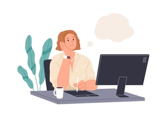 Happy person dreaming at work. Creative woman thinking, imagining, fantasizing at workplace with computer. Thoughtful designer creating ideas Flat vector illustration isolated on white background