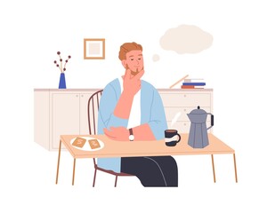 Relaxed thoughtful person imagining and dreaming of smth pleasant at home kitchen. Happy man resting in his thoughts, thinking and fantasizing. Flat vector illustration isolated on white background