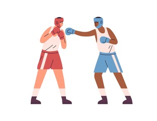 Boxers fighting. Box fighter punching his opponent with hand in glove. People in helmets and shorts boxing. Match between international athletes. Flat vector illustration isolated on white background