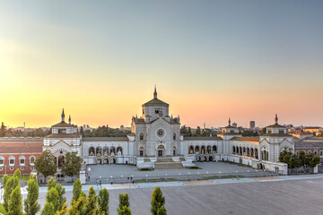 Fototapeta na wymiar Elevated view of the Monumental Cemetery at sunset, Milan, Italy
