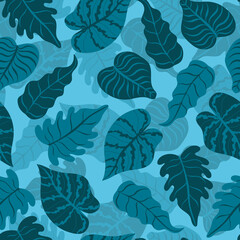 Abstract blue tropical leaves illustration seamless pattern