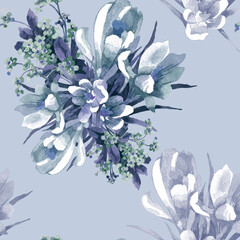 White crocuses and forget-me-not bouquet watercolor on light grey background seamless pattern for all prints.