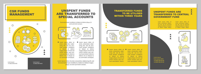 Corporate social responsibility funds yellow brochure template. Flyer, booklet, leaflet print, cover design with linear icons. Vector layouts for presentation, annual reports, advertisement pages