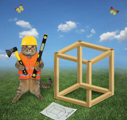 A beige cat carpenter in a construction helmet with an axe and a level is building an impossible...