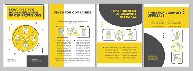 CSR penalties yellow brochure template. Breach consequences. Flyer, booklet, leaflet print, cover design with linear icons. Vector layouts for presentation, annual reports, advertisement pages