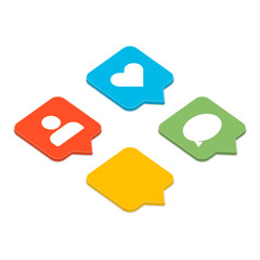 Like, follower and comment icons set. Social media notification icon in isometric. Social network app signs. Bubbles new counter notifications. Flat, simple style.