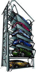 Six passenger cars parked in vertical parking lot - hand drawn sketch