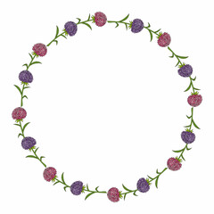 Round frame with cozy pink and violet aster flowers on white background. Vector image.