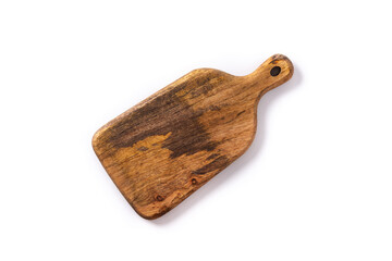 Wooden cutting board isolated on white background. Top view