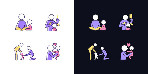 Fototapeta premium Family bonding time light and dark theme RGB color icons set. Storytelling. Brushing hair. Baby first steps. Isolated vector illustrations on white and black space. Simple filled line drawings pack
