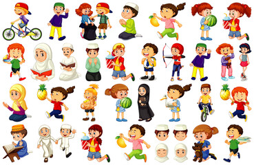 Children doing different activities cartoon character set on white background - obrazy, fototapety, plakaty