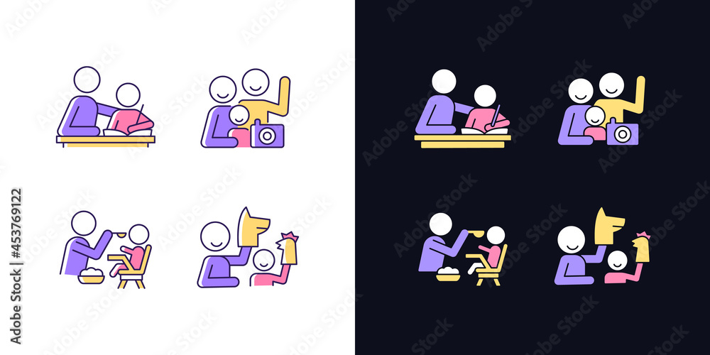 Sticker Effective parenting style light and dark theme RGB color icons set. Helping with homework. Family portrait. Isolated vector illustrations on white and black space. Simple filled line drawings pack