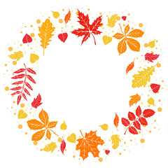Round autumn frame with falling leaves. Bright autumn wreath with gifts of nature and branches with empty space for text. Vector illustration for invitation, postcard and banner.