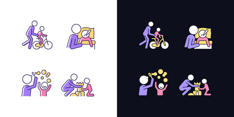 Good parenting light and dark theme RGB color icons set. Learning to ride bike. Blow bubbles together. Isolated vector illustrations on white and black space. Simple filled line drawings pack