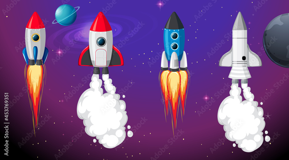 Wall mural set of different rocket and spaceship in space background