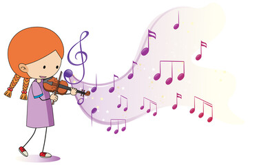 Cartoon doodle a girl playing violin with melody symbols on white background