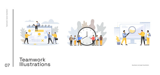 People on team are looking at growing cash flow charts. Term and time concept. Deadline. Cartoon young people stand around dial of large clock. Time management planning. Time is money.