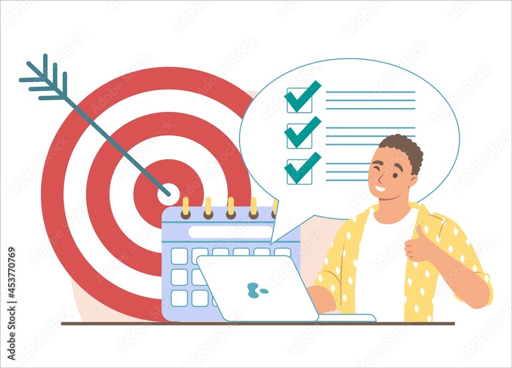 Wall mural target, calendar, to do list with check marks and businessman showing ok hand sign, vector illustrat