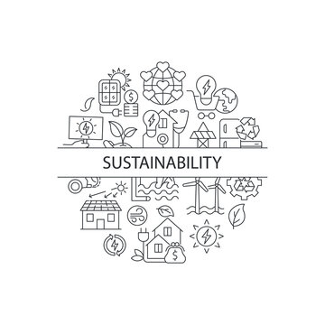 Sustainability abstract linear concept layout with headline. Power generation source. Sustainability minimalistic idea. Thin line graphic drawings. Isolated vector contour icons for background