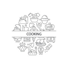 Food cooking abstract linear concept layout with headline. Serve dish in restaurant. Culinary minimalistic idea. Thin line graphic drawings. Isolated vector contour icons for background