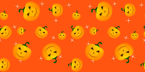 Halloween pumpkin seamless pattern. Festive pumpkin on orange background. Vector illustration for design, invitation, wrapping paper, banner, advertisement, promotion. Halloween concept.