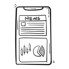 hand drawn smartphone with news icon in doodle style isolated