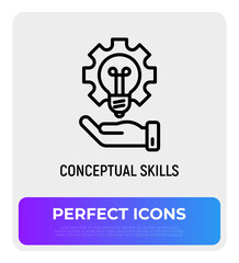 Conceptual skills, lightbulb in cogwheel. Thin line icon. Modern vector illustration of innovation business solution.