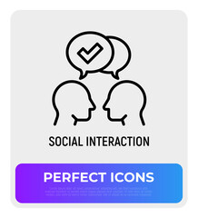 Communication and understanding each other thin line icon, two silhouettes of heads with speech bubbles with check mark. Social interaction. Modern vector illustration.