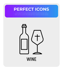 Communion, glass of wine with cross thin line icon. Religious ceremony. Modern vector illustration.