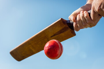 Cricket player batsman hitting a ball with a bat shot from below background - Powered by Adobe