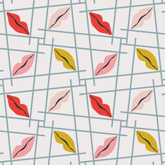 Vector abstract grid texture with stylized leaves seamless pattern