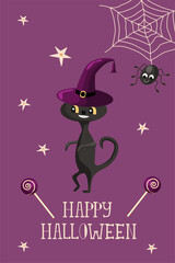 Halloween greeting card template with black cat in witch hat, cute spider, cobweb and lollipop. Modern cartoon vector illustration for halloween party design, flyers, menu, prints etc