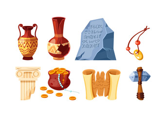 Set of archeology artifacts ancient. Amphora, papyrus script, cave drawings, ax, pot of gold coins, whole and cracked vases, antique column. Historic civilization exploration